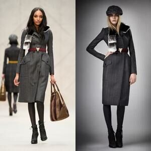 Burberry Prorsum Gray Wool Herringbone Double Breasted Mink Collar Peacoat IT 42